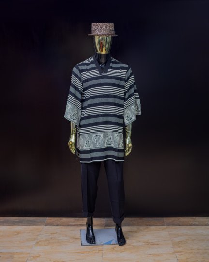 Striped Men's Dashiki Tunic with Pants and Woven Hat