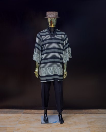Striped Men's Dashiki Tunic with Pants and Woven Hat
