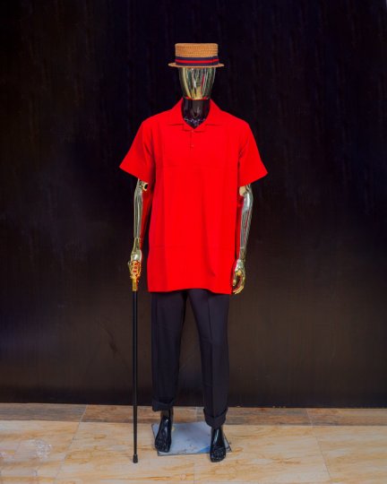 Bold Red Men's Tunic Set with Black Pants and Woven Hat