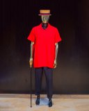 Bold Red Men's Tunic Set with Black Pants and Woven Hat