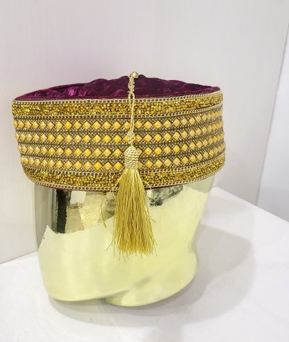 Royal Purple Velvet Traditional Hat with Intricate Gold Accents