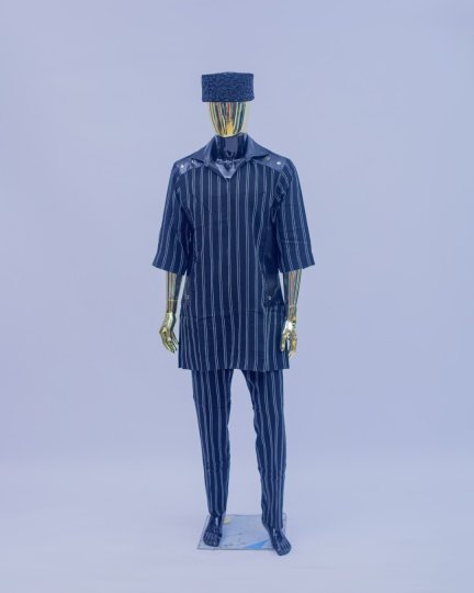Black and White Striped Men's Kaftan Set with Embroidered Cap