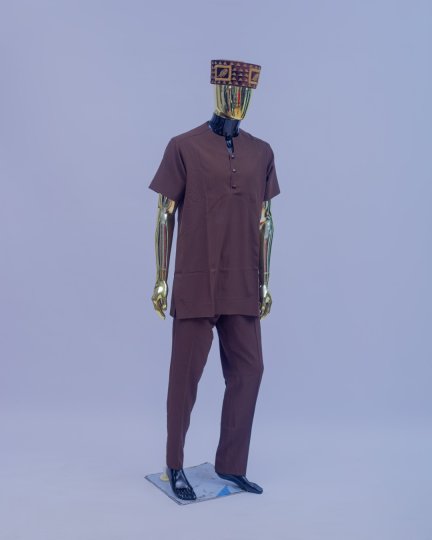 Chocolate Brown Men's Kaftan Set with Embellished Hat