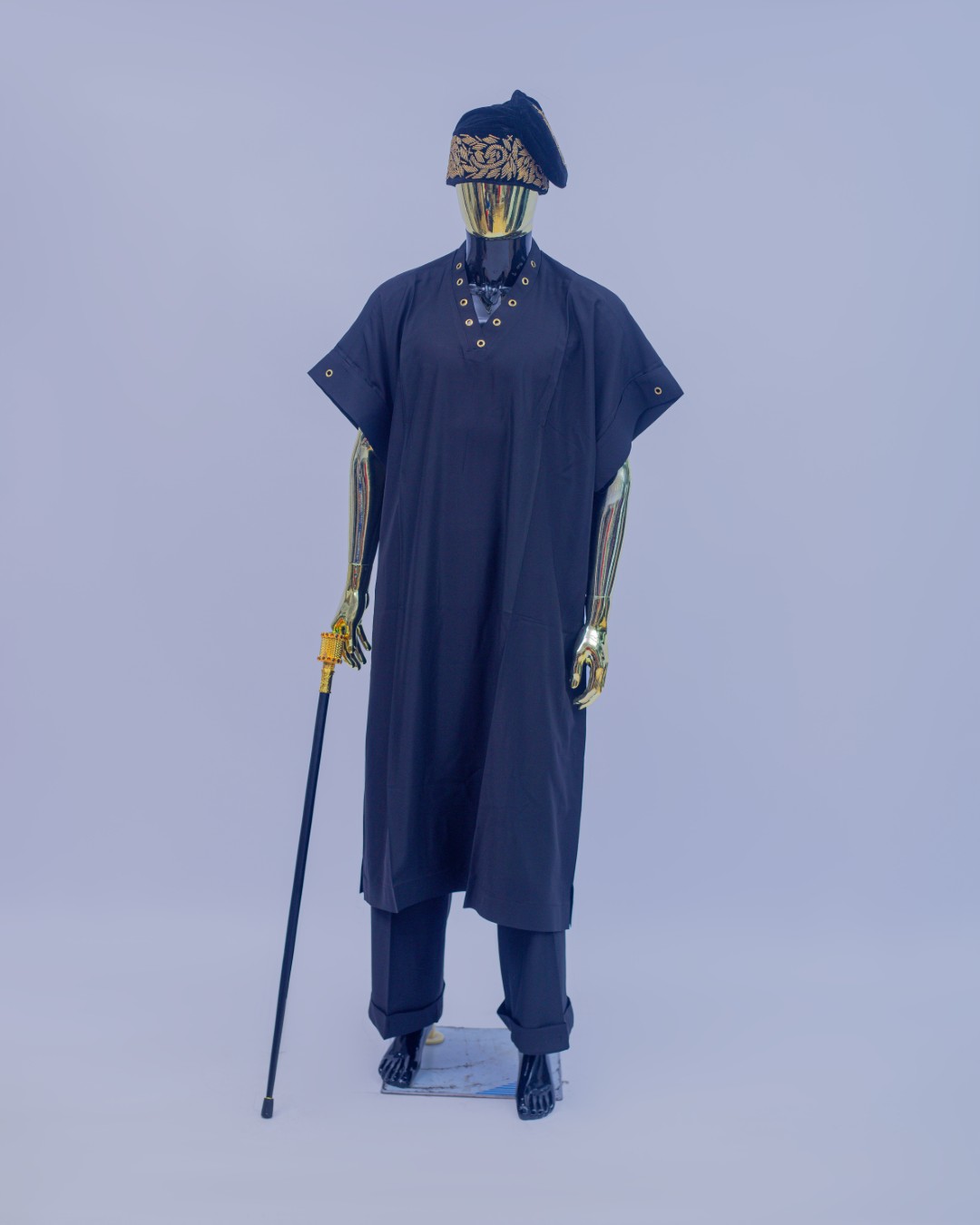 Black Traditional Agbada with Gold-Embroidered Hat