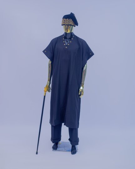 Black Traditional Agbada with Gold-Embroidered Hat
