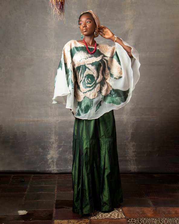 Raw silk dress with cape